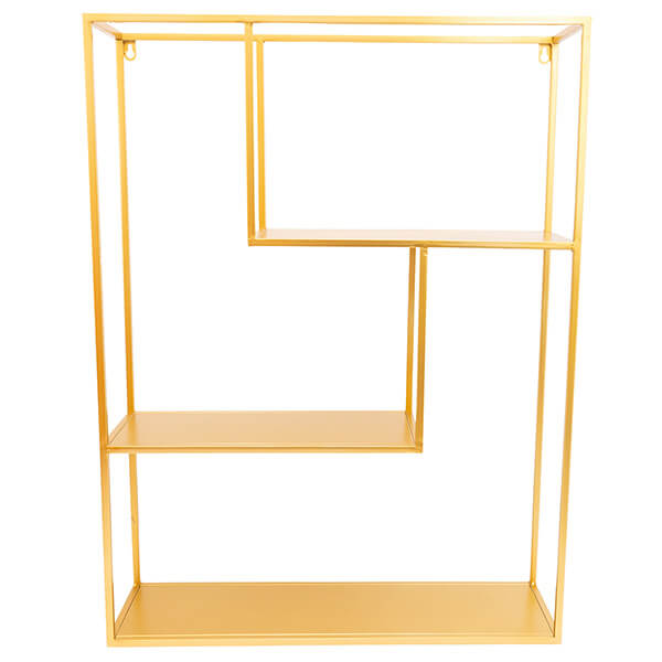 Large Gold Wall Shelf Unit with Three Staggered Tiers