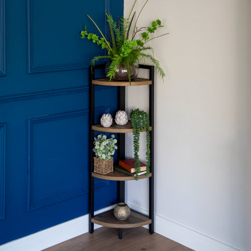 Corner Elegance: Oak Freestanding 4-Shelf Unit with Metal Accents