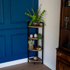 Corner Elegance: Oak Freestanding 4-Shelf Unit with Metal Accents