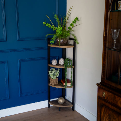 Corner Elegance: Oak Freestanding 4-Shelf Unit with Metal Accents