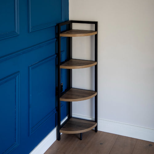 Corner Elegance: Oak Freestanding 4-Shelf Unit with Metal Accents