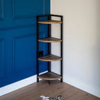 Corner Elegance: Oak Freestanding 4-Shelf Unit with Metal Accents