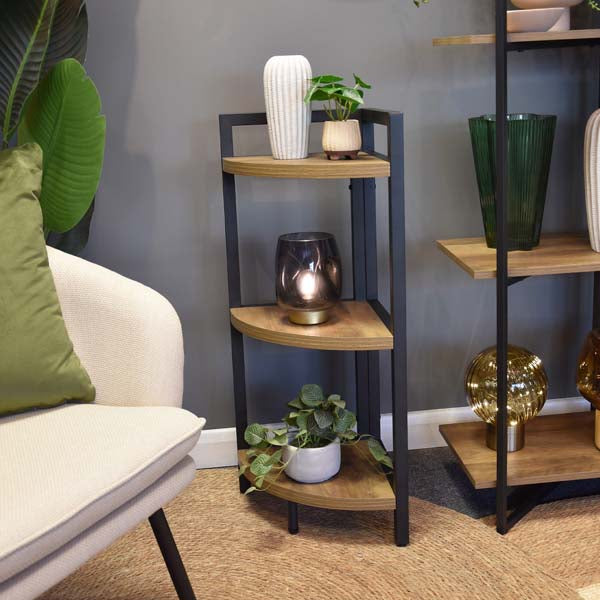 Radiant Corner Charm: Oak Wood and Metal Freestanding 3-Shelf Unit