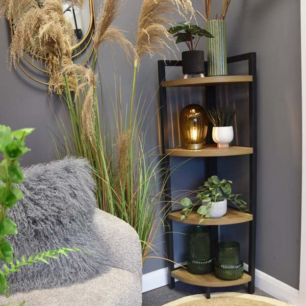 Corner Elegance: Oak Freestanding 4-Shelf Unit with Metal Accents