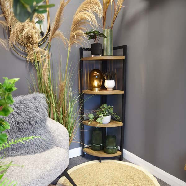Corner Elegance: Oak Freestanding 4-Shelf Unit with Metal Accents
