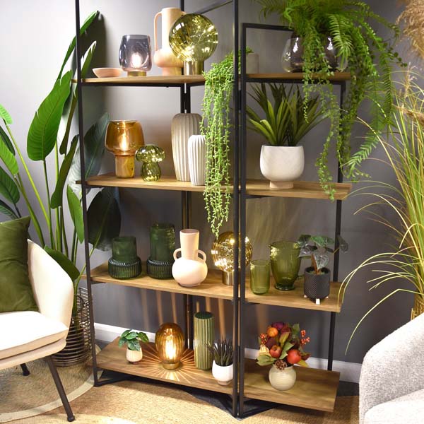 Modern Oak 4-Shelf Freestanding Unit with Wood/Metal Design