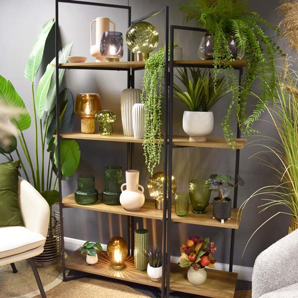 Modern Oak 4-Shelf Freestanding Unit with Wood/Metal Design