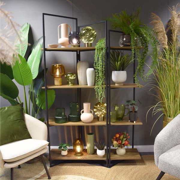 Modern Oak 4-Shelf Freestanding Unit with Wood/Metal Design