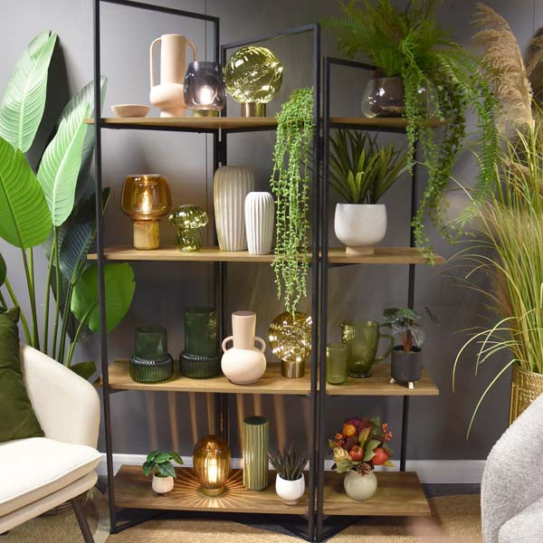 Modern Oak 4-Shelf Freestanding Unit with Wood/Metal Design